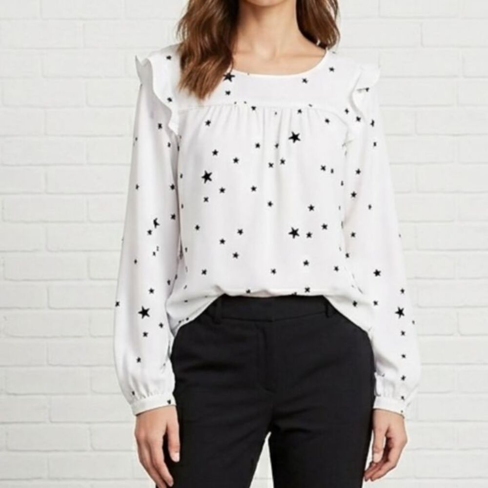 LOFT Outlet White Black Star Print Flutter Ruffle Sleeve Blouse Top XL